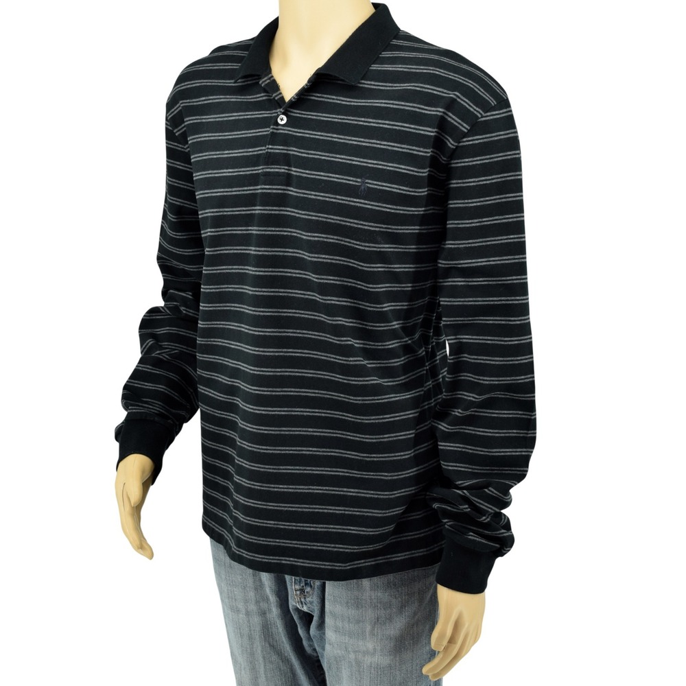 Polo Ralph Lauren Men's XL Black &‎ Gray Striped Long Sleeve Cotton Polo Shirt